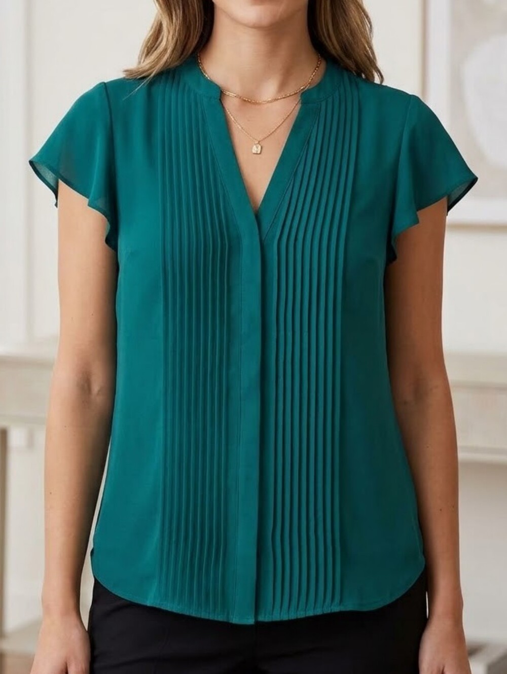 Women’s Green Pleated V-Neck Blouse
